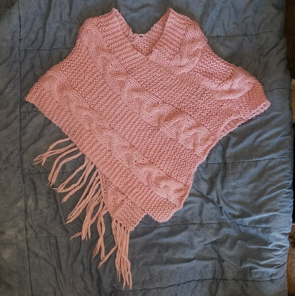 Pink Fringed Knitted Poncho